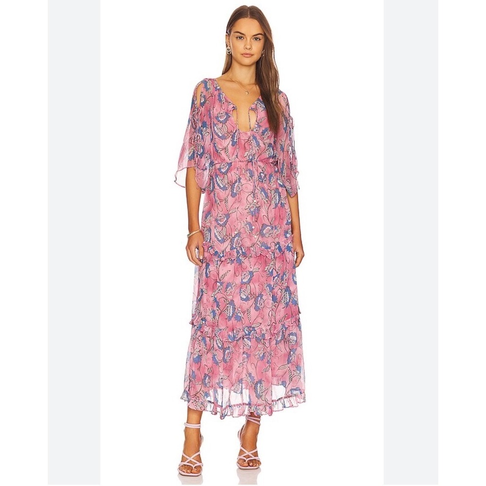H9 Cleobella Elena Lotus Pink Floral Tiered Midi Dres Split Sleeve Boho V Neck M
